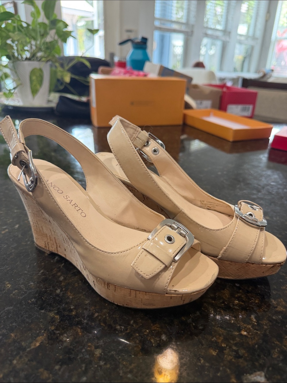 Franco Sarto Nude Beige Cork Wedge Slingback Sandals
